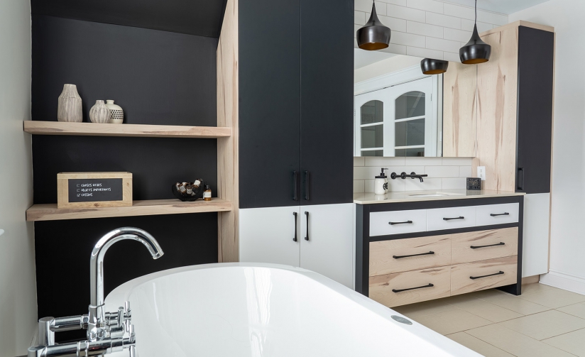 La Stylisée, une salle de bains élégante et contemporaine par Cuisines Beaucage, offrant un espace relaxant et esthétique | cuisinesbeaucage.com